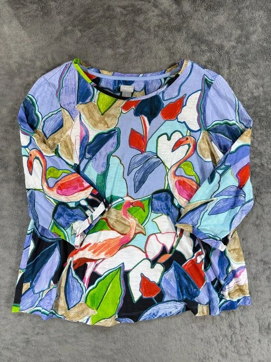 Chicos 3/4 Sleeve Blouse Floral Flamingo Watercolor XL 3 - Picture 1 of 3